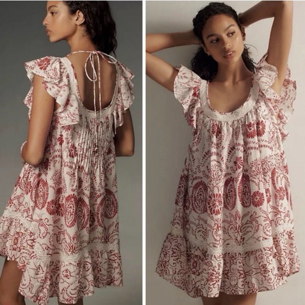 Anthropologie White and Rust Red Printed Ruffle Mini Dress